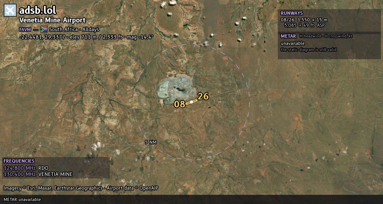 Satellite map with the runway layout of Venetia Mine Airport (FAVM)