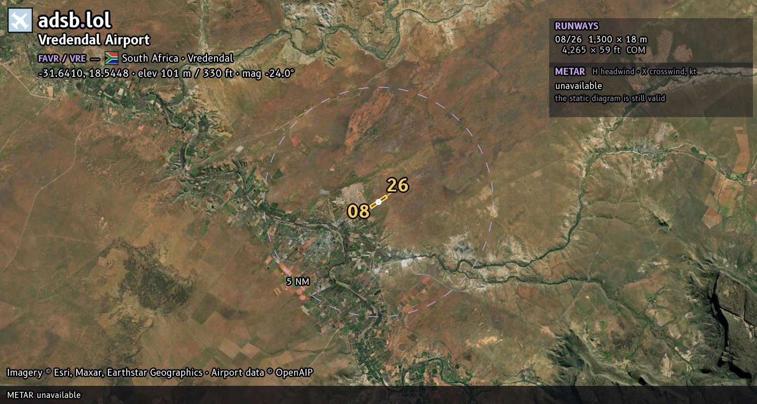 Satellite map with the runway layout of Vredendal Airport (FAVR)