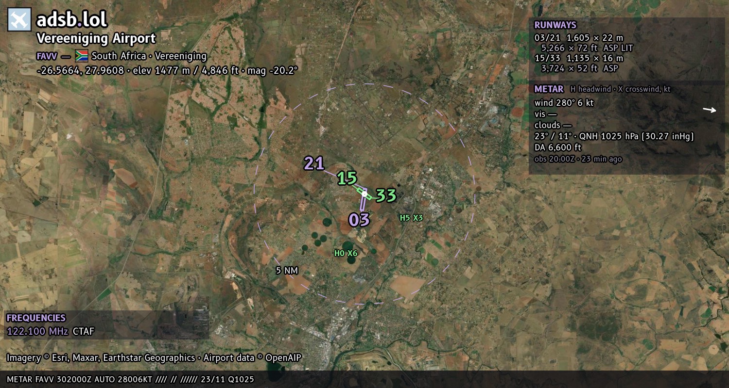 Satellite map with the runway layout of Vereeniging Airport (FAVV)