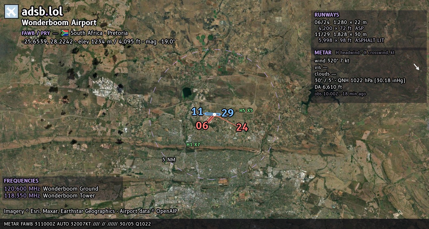 Satellite map with the runway layout of Wonderboom Airport (FAWB)