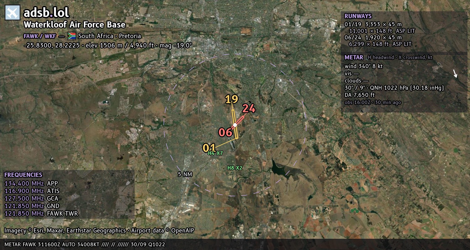 Satellite map with the runway layout of Waterkloof Air Force Base (FAWK)