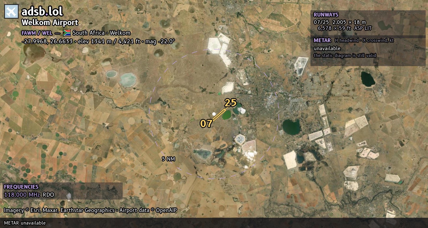 Satellite map with the runway layout of Welkom Airport (FAWM)