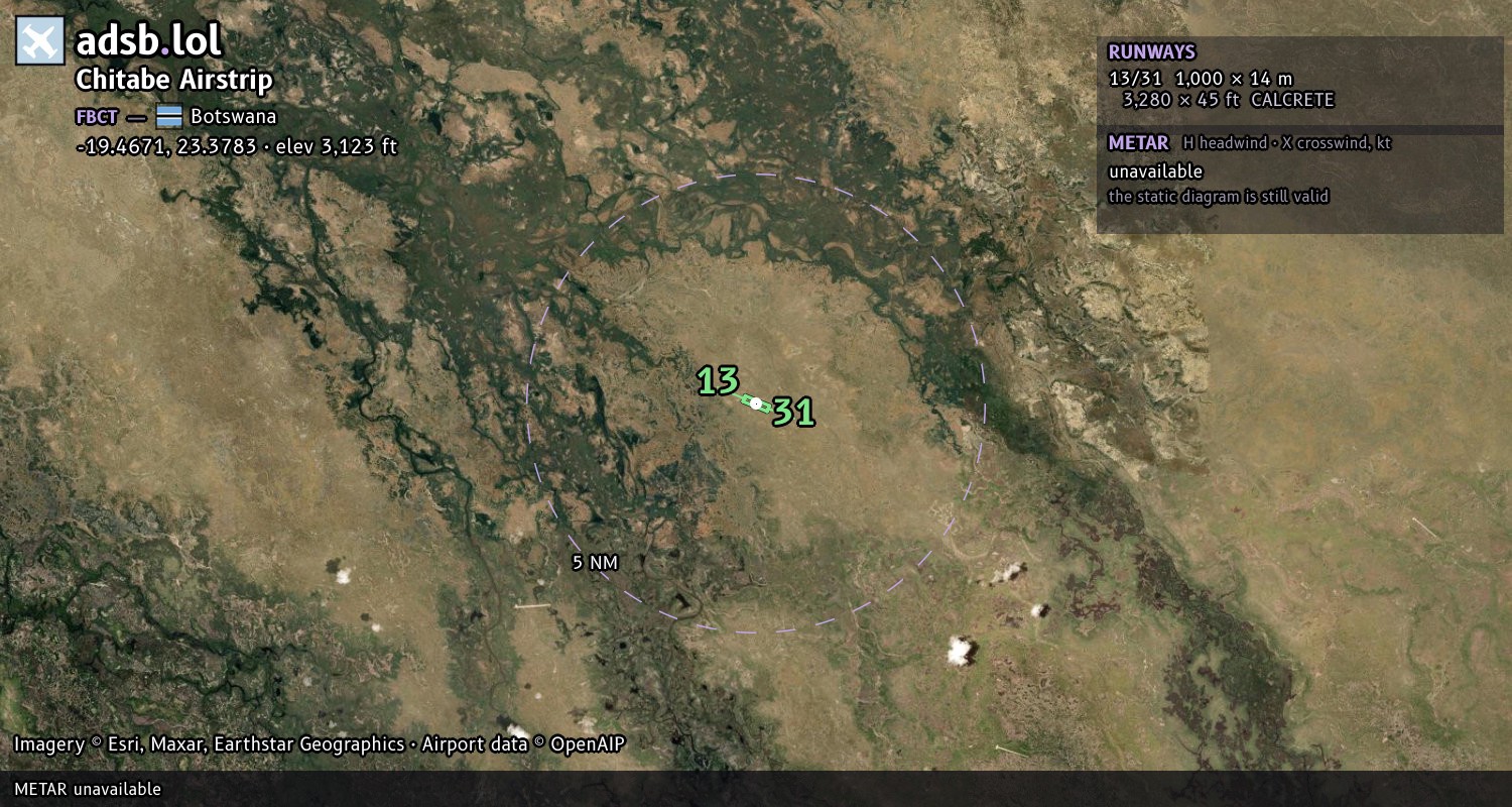 Satellite map with the runway layout of Chitabe Airstrip (FBCT)