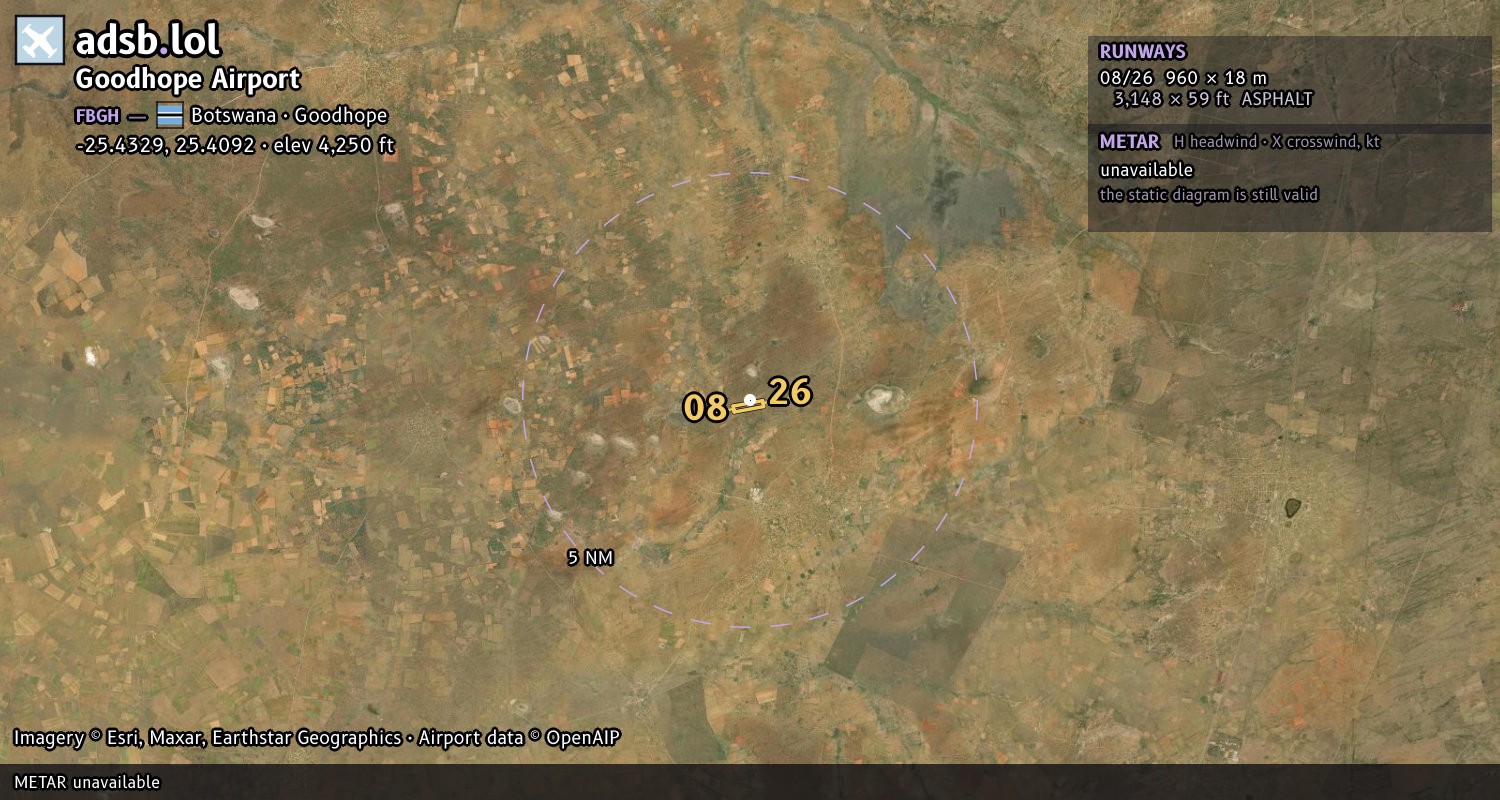 Satellite map with the runway layout of Goodhope Airport (FBGH)