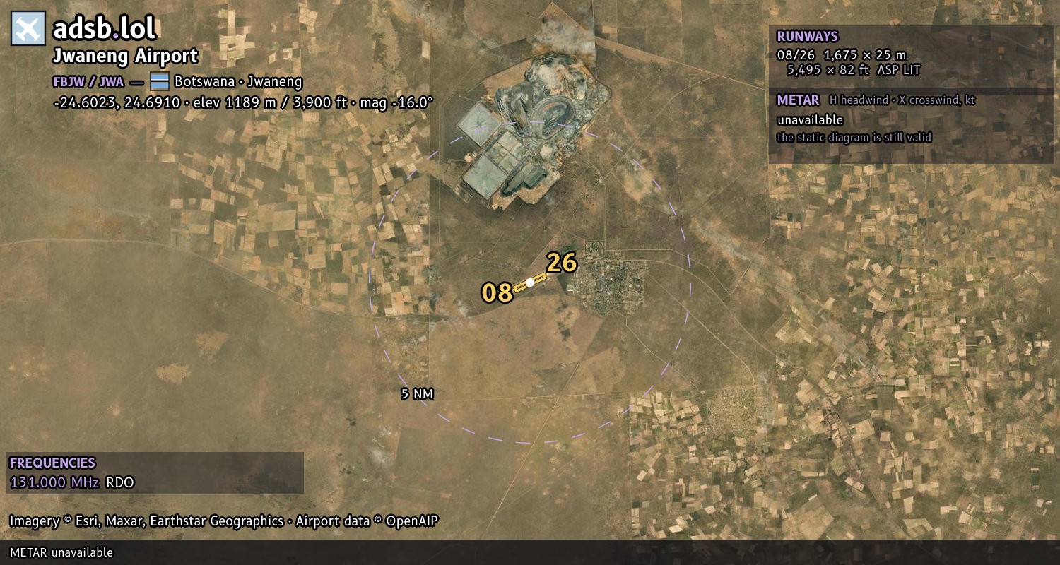 Satellite map with the runway layout of Jwaneng Airport (FBJW)