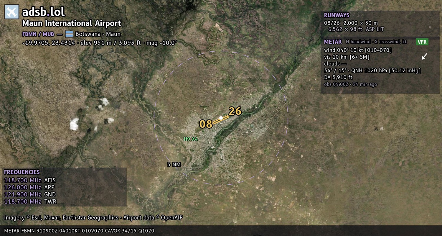 Satellite map with the runway layout of Maun International Airport (FBMN)