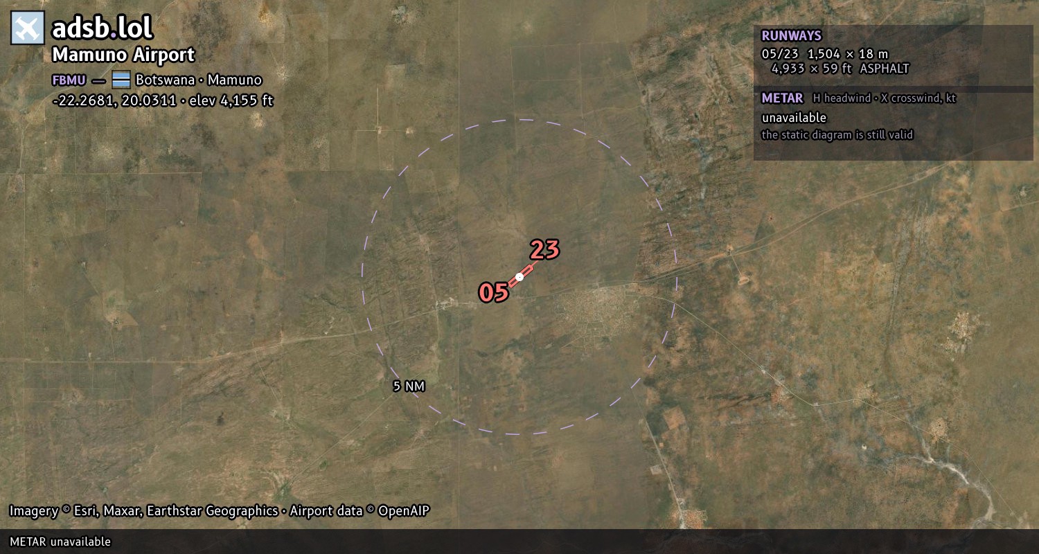 Satellite map with the runway layout of Mamuno Airport (FBMU)