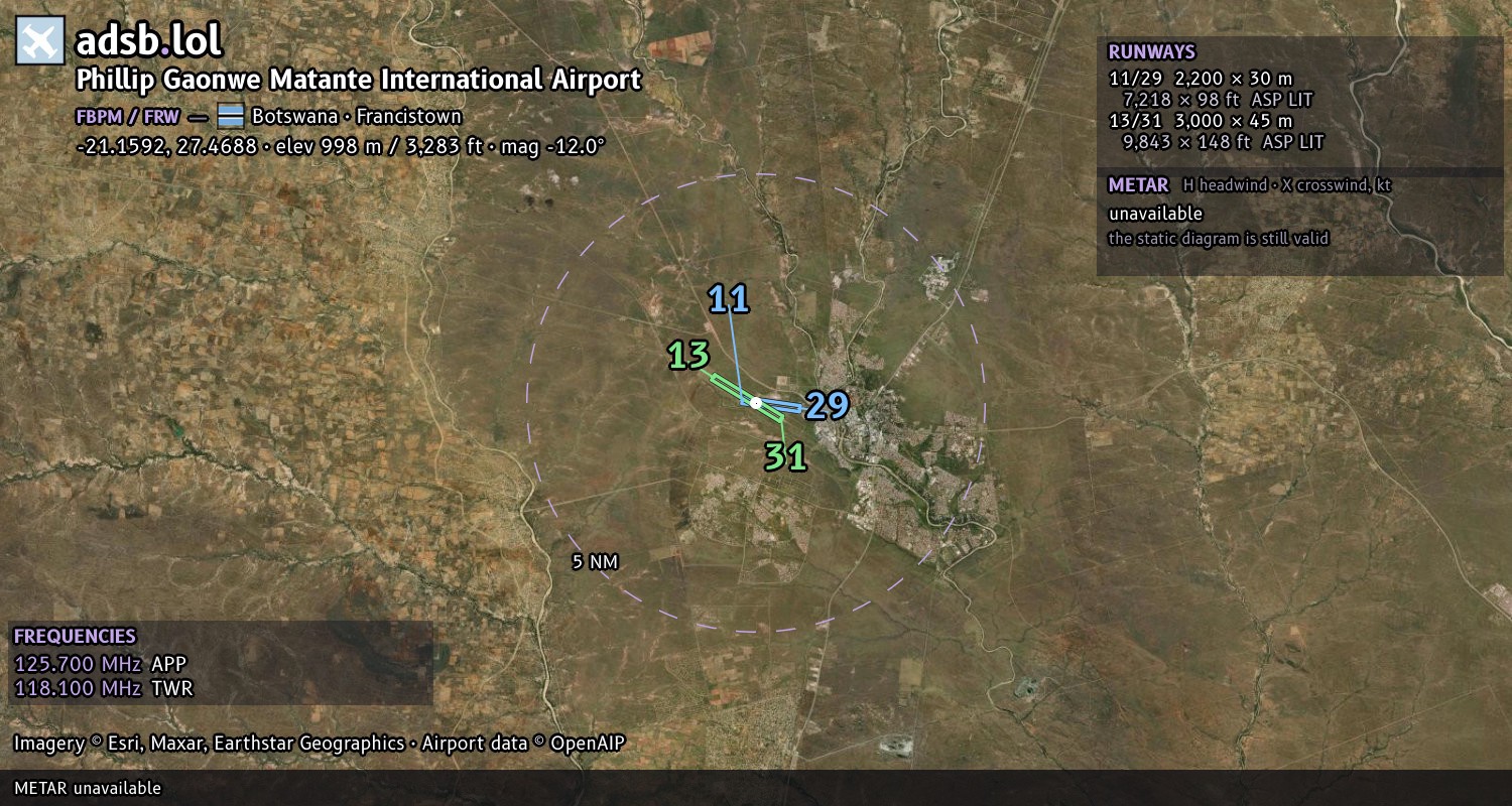 Satellite map with the runway layout of Phillip Gaonwe Matante International Airport (FBPM)