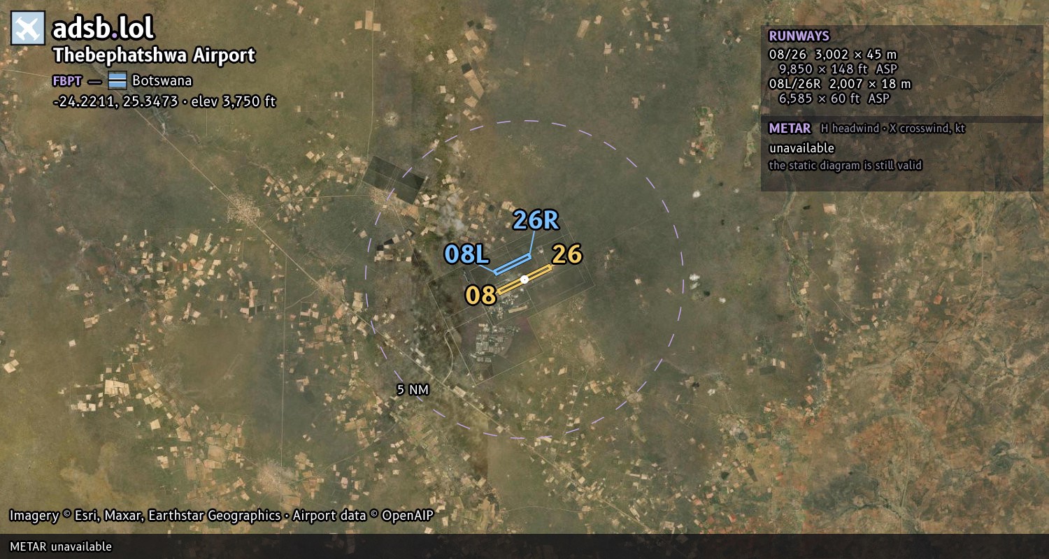 Satellite map with the runway layout of Thebephatshwa Airport (FBPT)