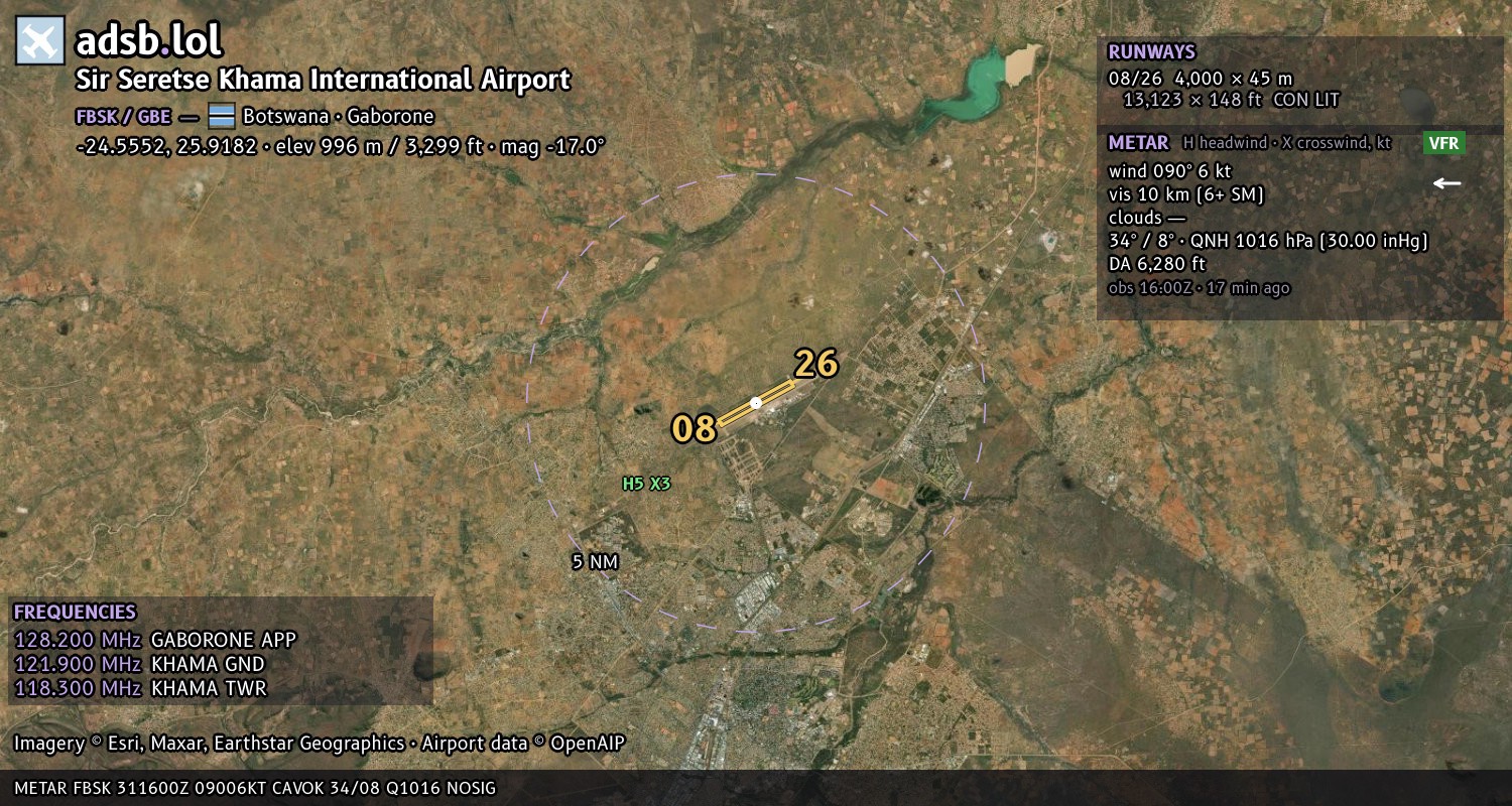 Satellite map with the runway layout of Sir Seretse Khama International Airport (FBSK)