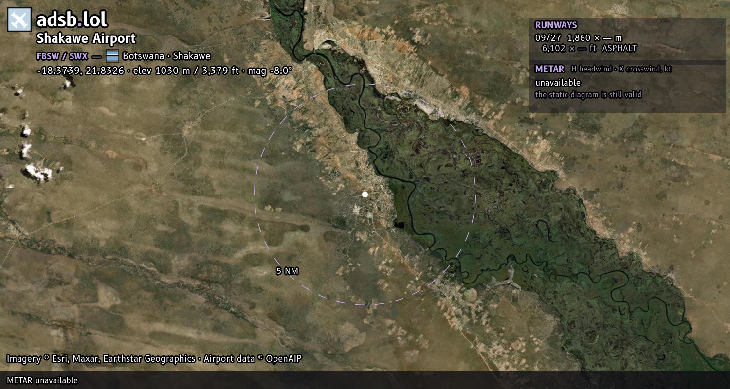 Satellite map with the runway layout of Shakawe Airport (FBSW)