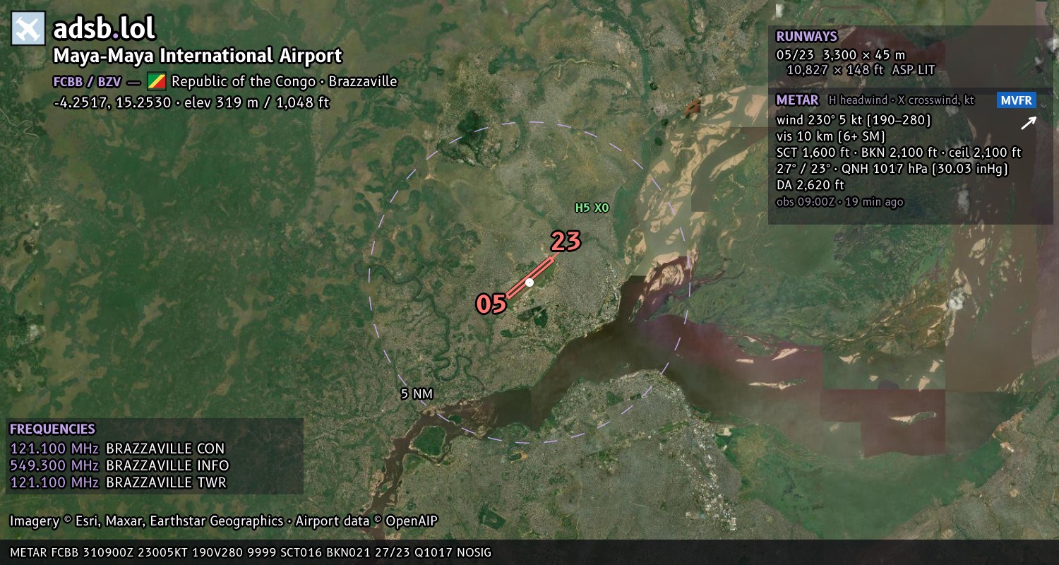 Satellite map with the runway layout of Maya-Maya International Airport (FCBB)