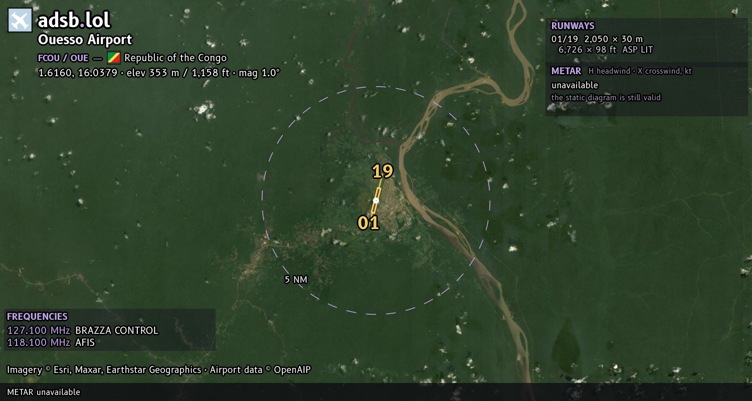 Satellite map with the runway layout of Ouesso Airport (FCOU)