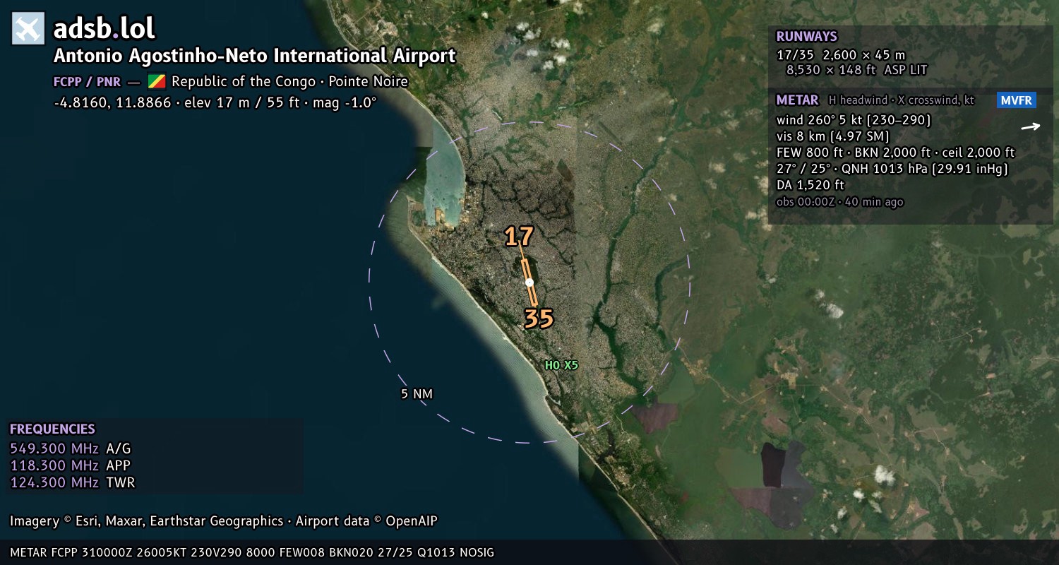 Satellite map with the runway layout of Antonio Agostinho-Neto International Airport (FCPP)