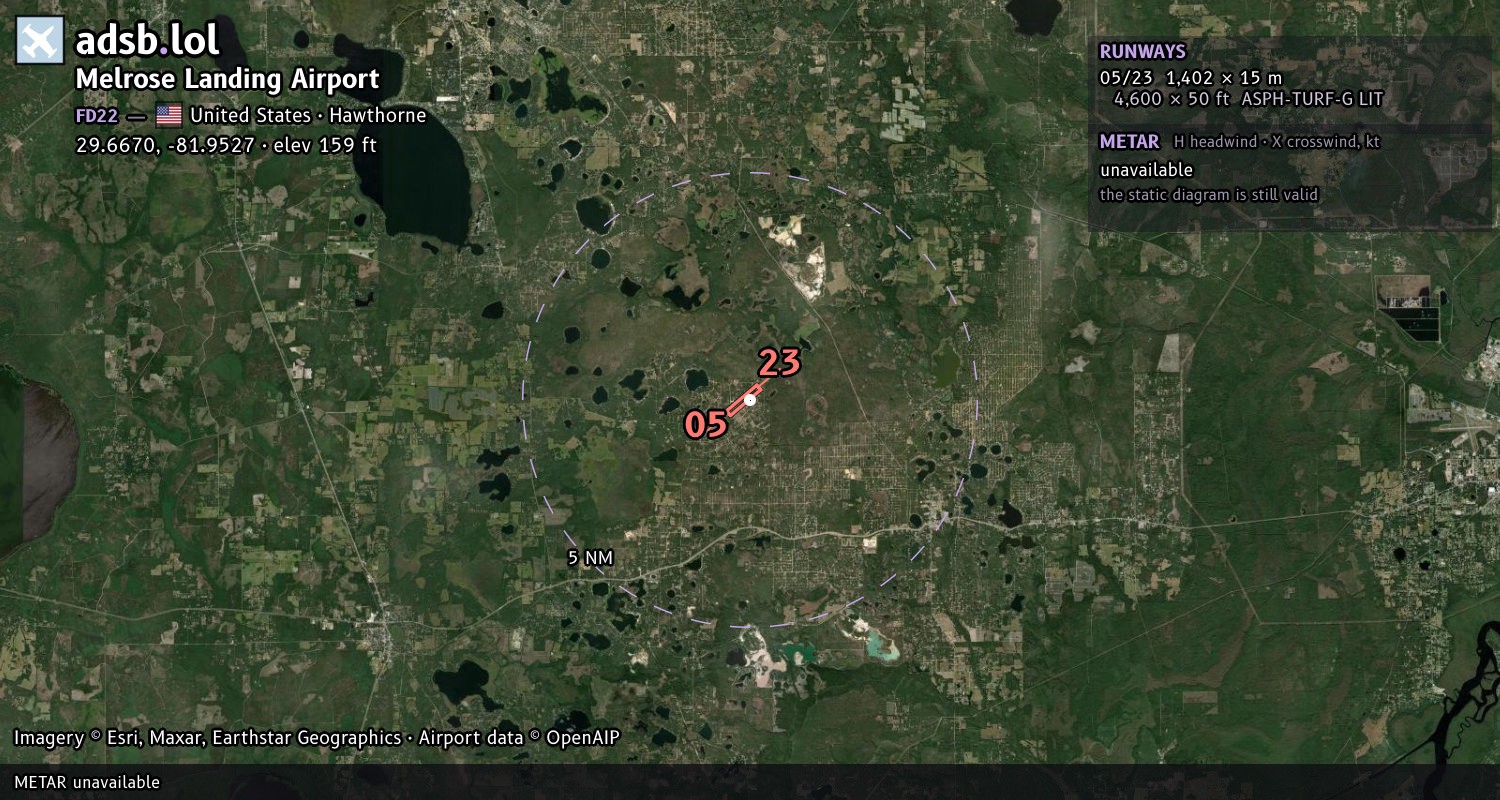 Satellite map with the runway layout of Melrose Landing Airport (FD22)