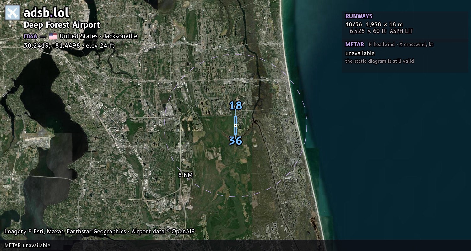 Satellite map with the runway layout of Deep Forest Airport (FD48)