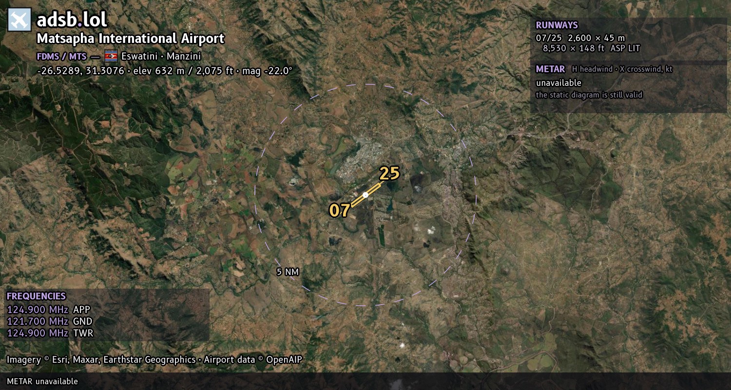 Satellite map with the runway layout of Matsapha International Airport (FDMS)