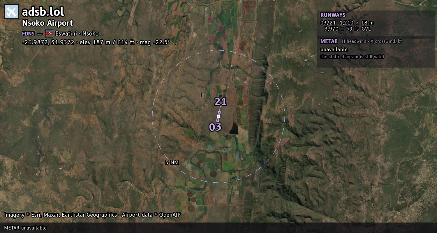 Satellite map with the runway layout of Nsoko Airport (FDNS)