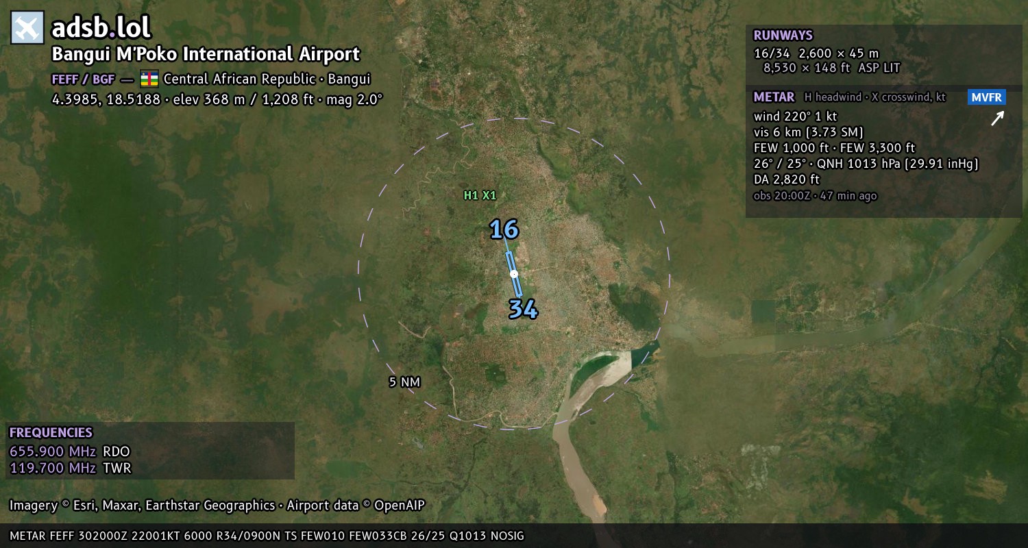 Satellite map with the runway layout of Bangui M'Poko International Airport (FEFF)