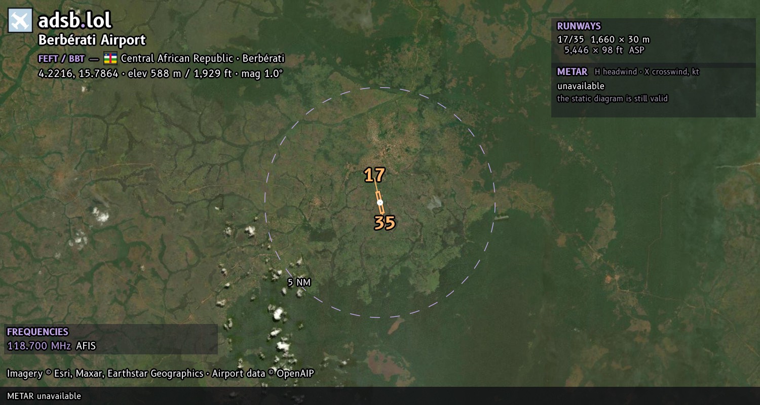Satellite map with the runway layout of Berbérati Airport (FEFT)