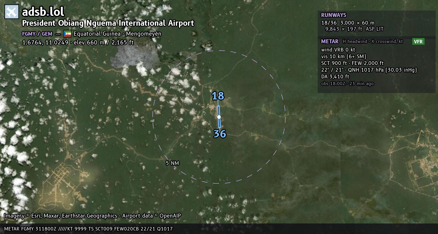 Satellite map with the runway layout of President Obiang Nguema International Airport (FGMY)