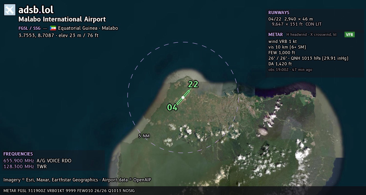 Satellite map with the runway layout of Malabo International Airport (FGSL)