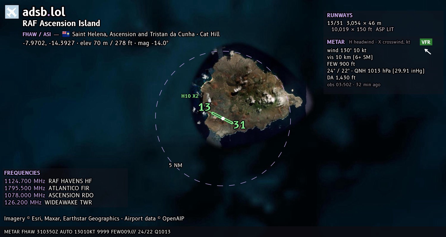 Satellite map with the runway layout of RAF Ascension Island (FHAW)