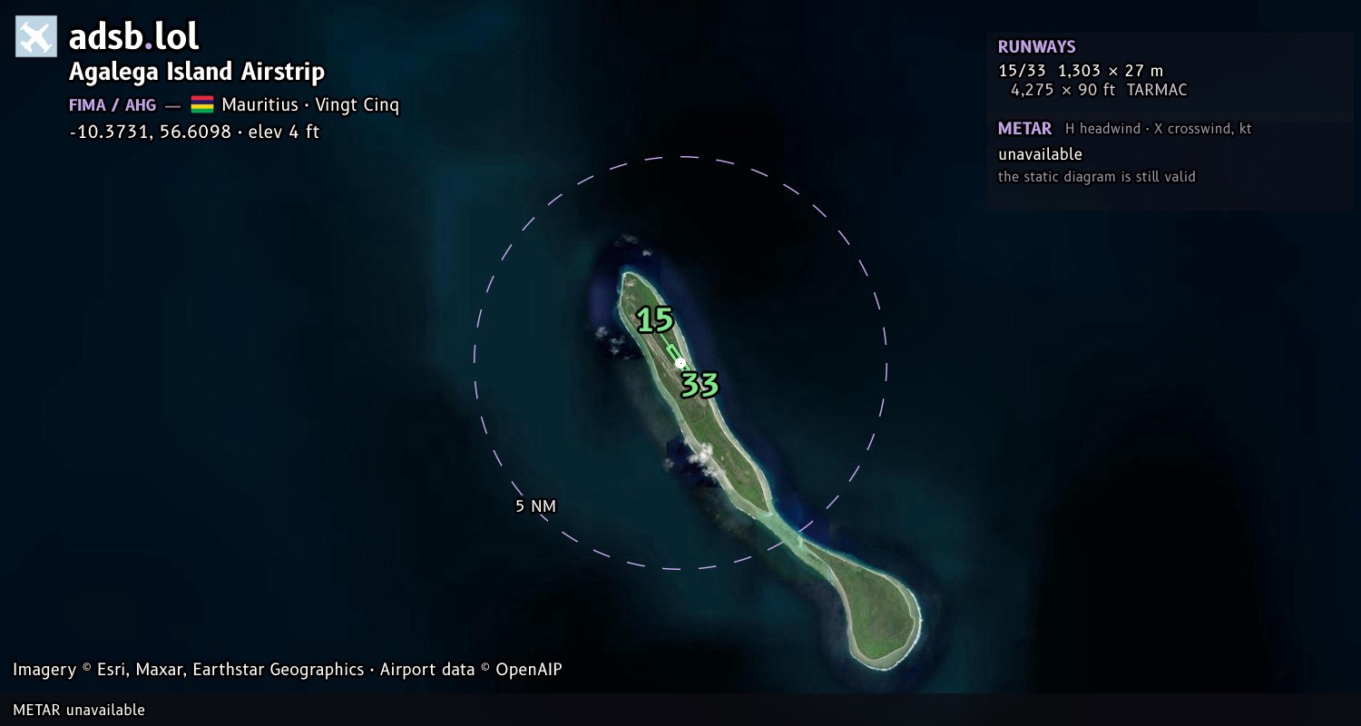 Satellite map with the runway layout of Agalega Island Airstrip (FIMA)