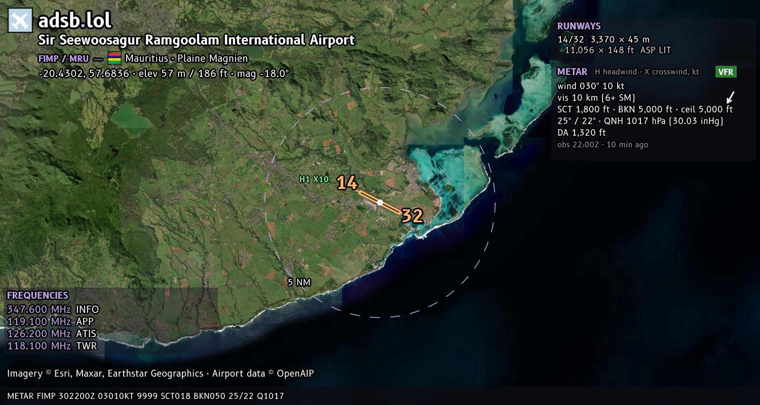 Satellite map with the runway layout of Sir Seewoosagur Ramgoolam International Airport (FIMP)