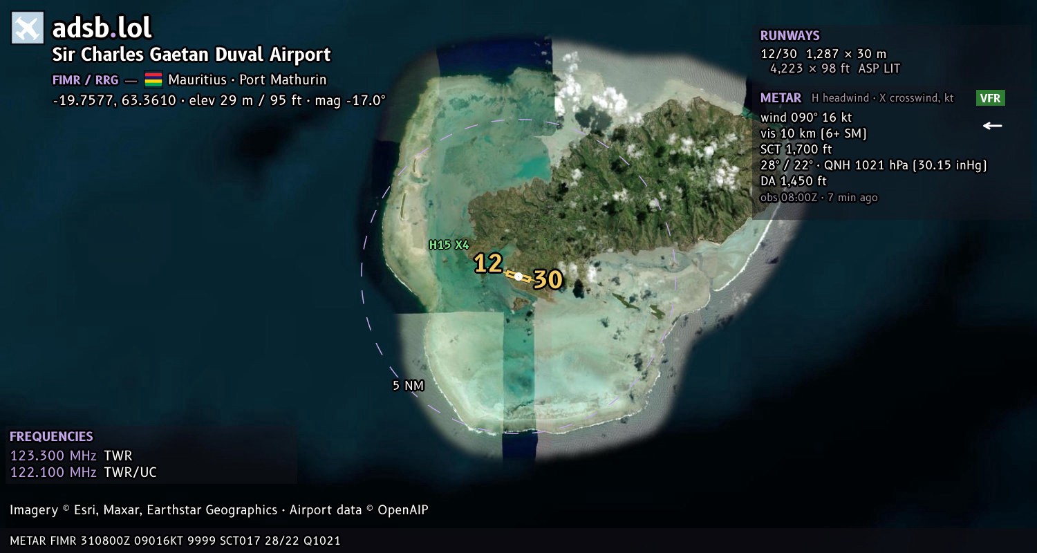 Satellite map with the runway layout of Sir Charles Gaetan Duval Airport (FIMR)