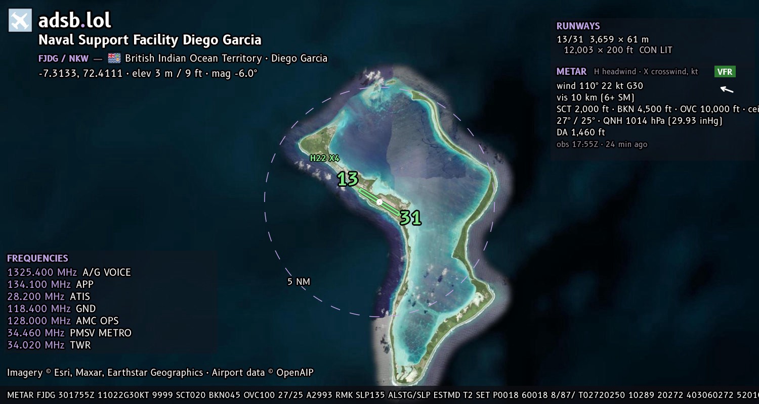 Satellite map with the runway layout of Naval Support Facility Diego Garcia (FJDG)