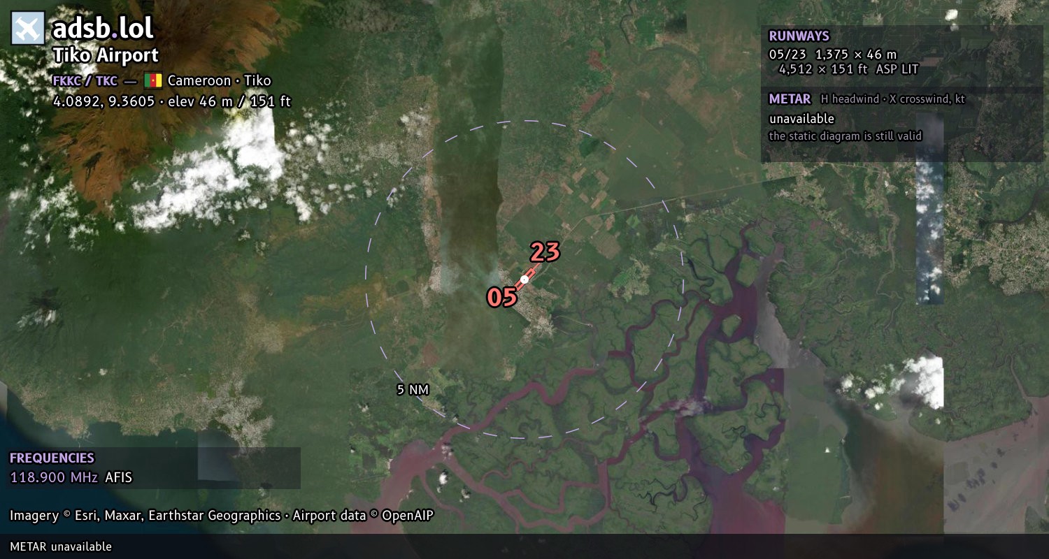 Satellite map with the runway layout of Tiko Airport (FKKC)