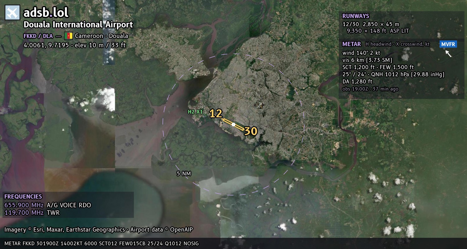 Satellite map with the runway layout of Douala International Airport (FKKD)