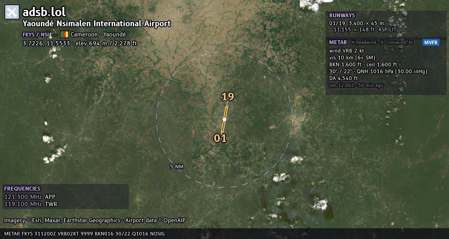 Satellite map with the runway layout of Yaoundé Nsimalen International Airport (FKYS)