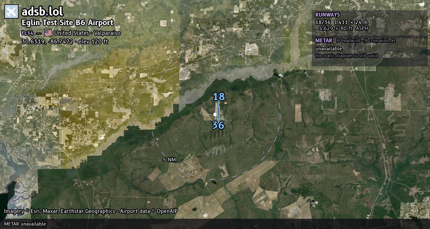 Satellite map with the runway layout of Eglin Test Site B6 Airport (FL34)