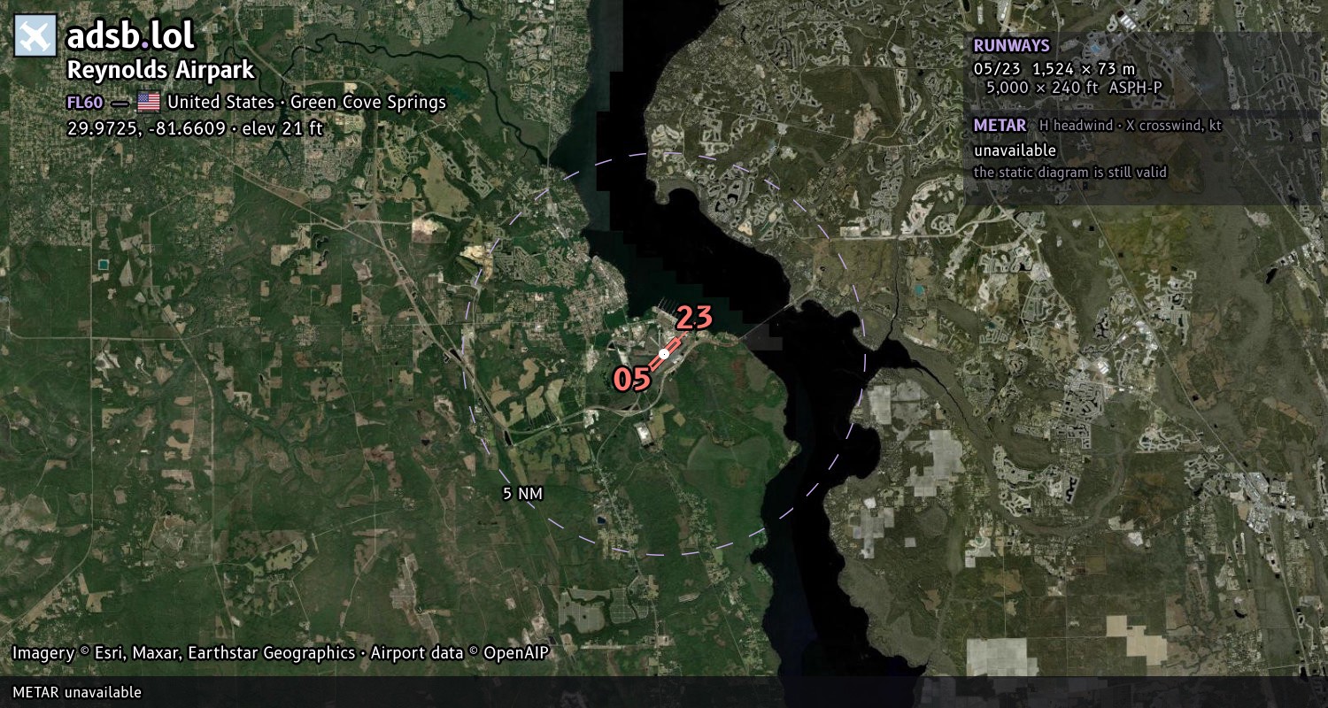 Satellite map with the runway layout of Reynolds Airpark (FL60)