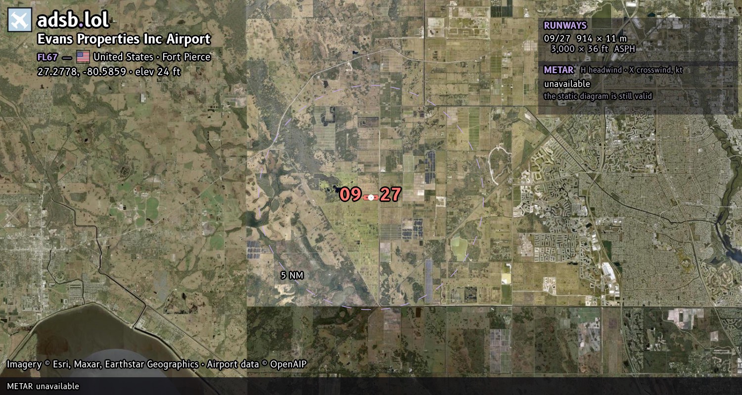 Satellite map with the runway layout of Evans Properties Inc Airport (FL67)