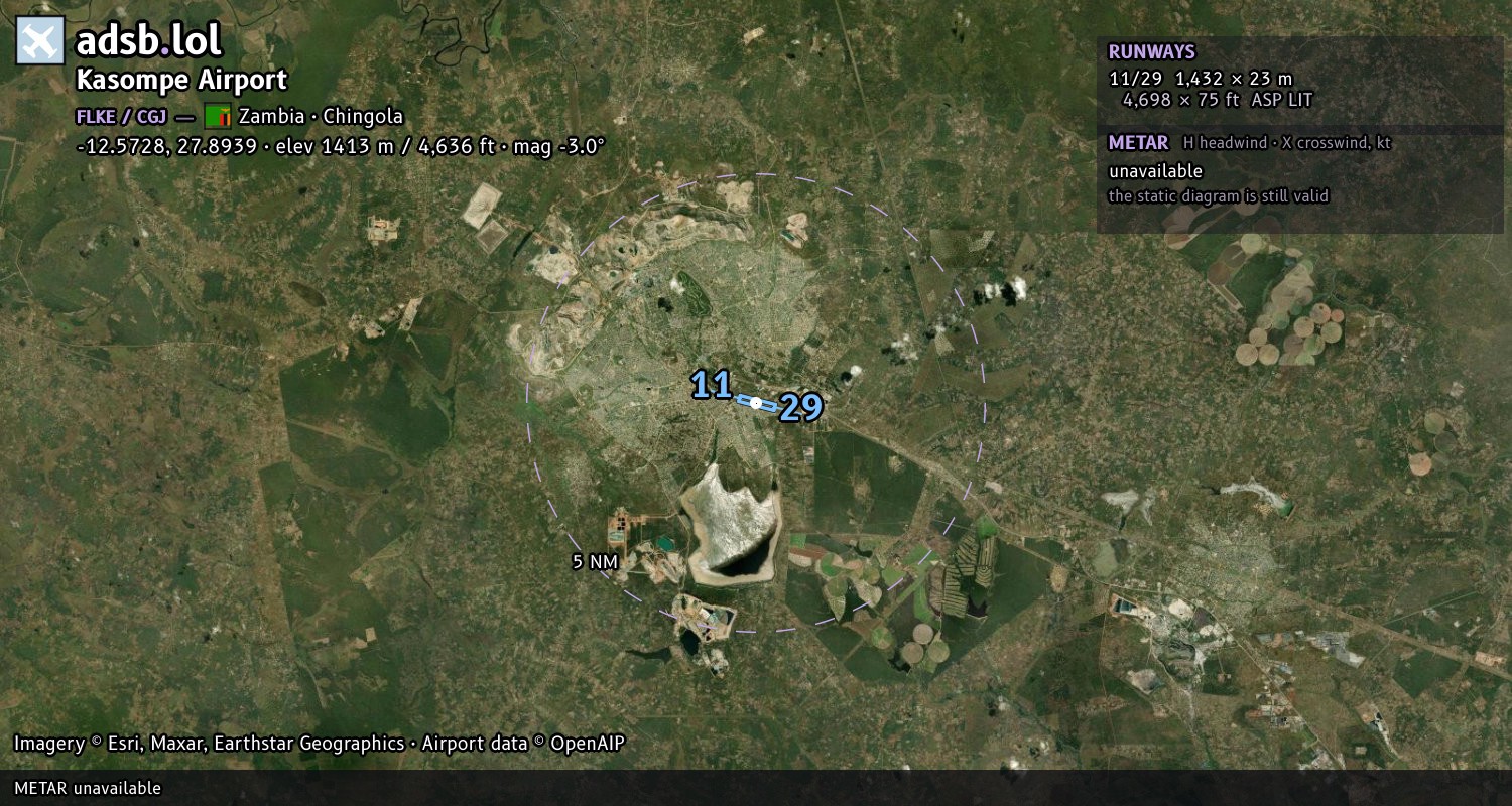 Satellite map with the runway layout of Kasompe Airport (FLKE)