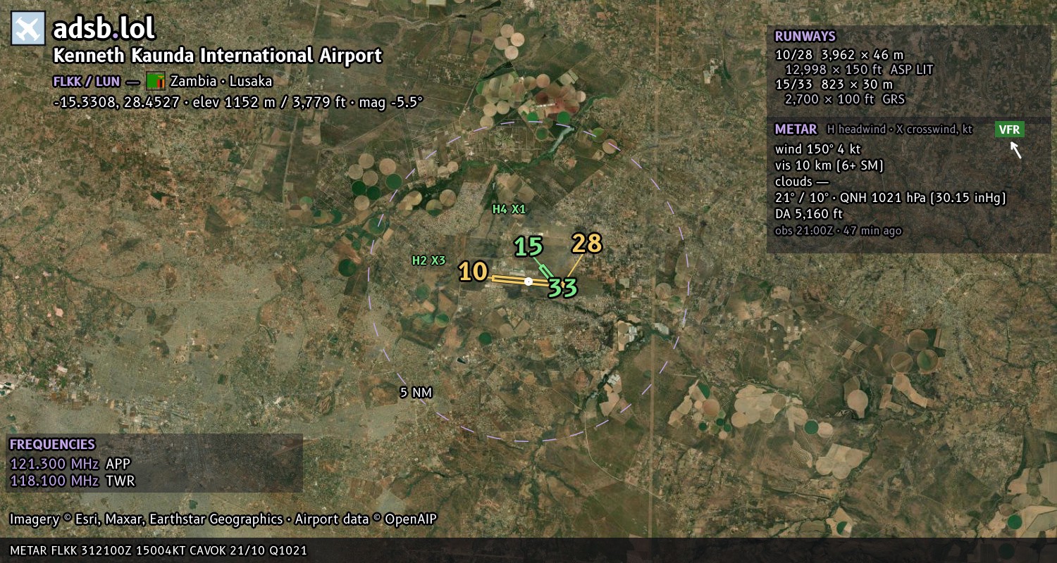 Satellite map with the runway layout of Kenneth Kaunda International Airport (FLKK)