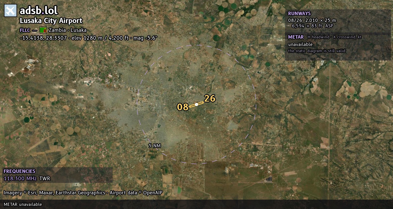 Satellite map with the runway layout of Lusaka City Airport (FLLC)