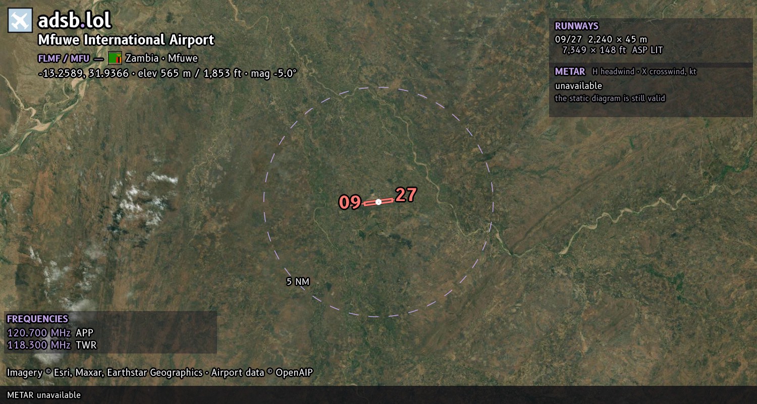 Satellite map with the runway layout of Mfuwe International Airport (FLMF)