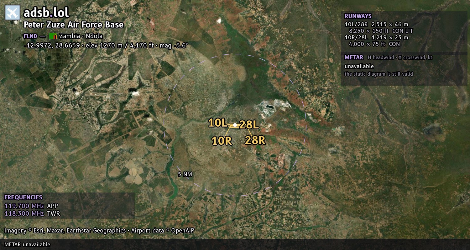 Satellite map with the runway layout of Peter Zuze Air Force Base (FLND)