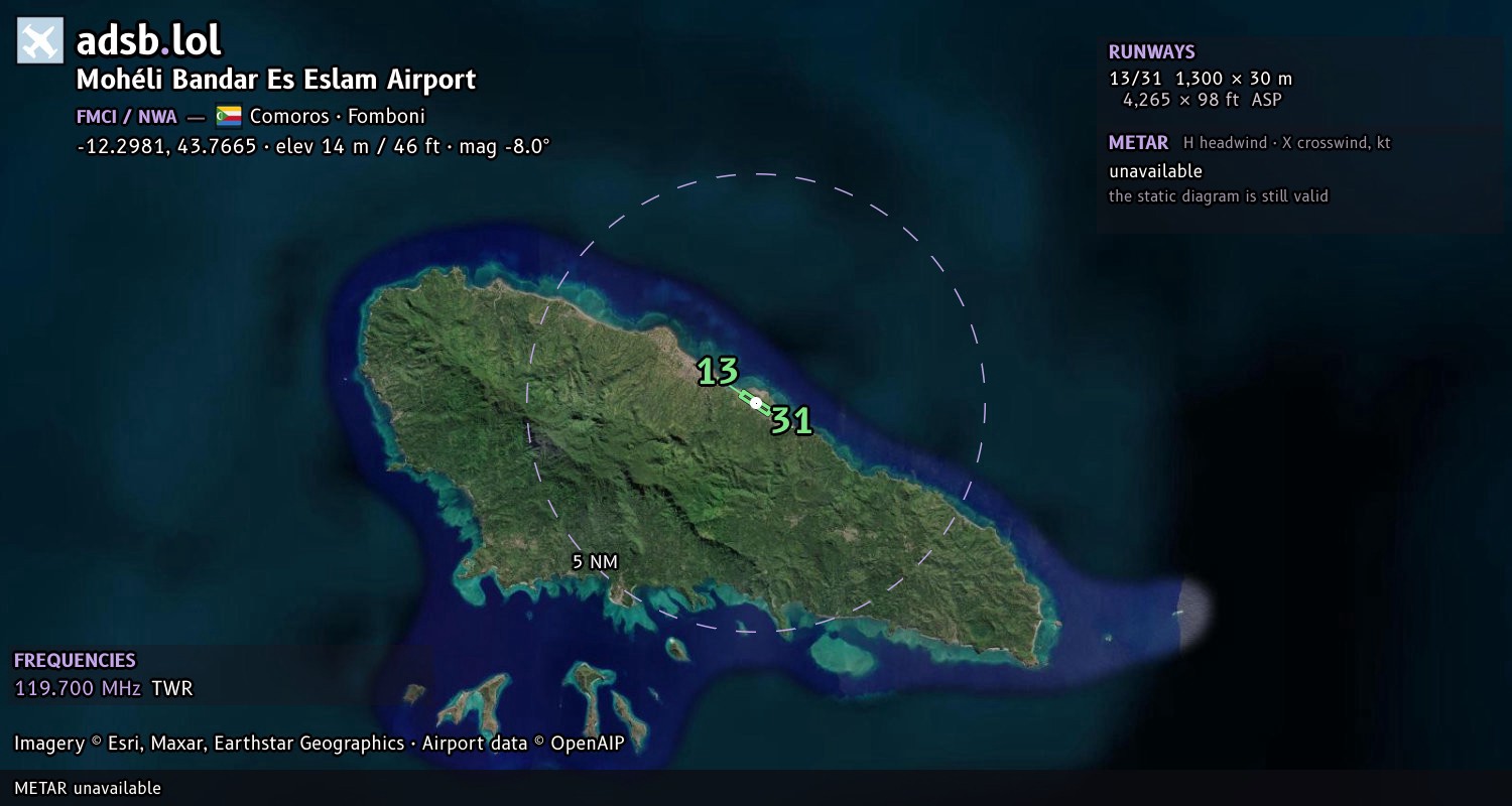 Satellite map with the runway layout of Mohéli Bandar Es Eslam Airport (FMCI)