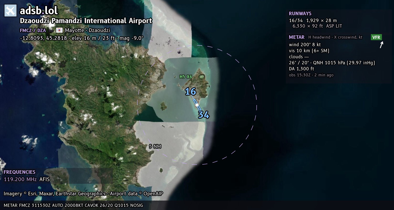 Satellite map with the runway layout of Dzaoudzi Pamandzi International Airport (FMCZ)