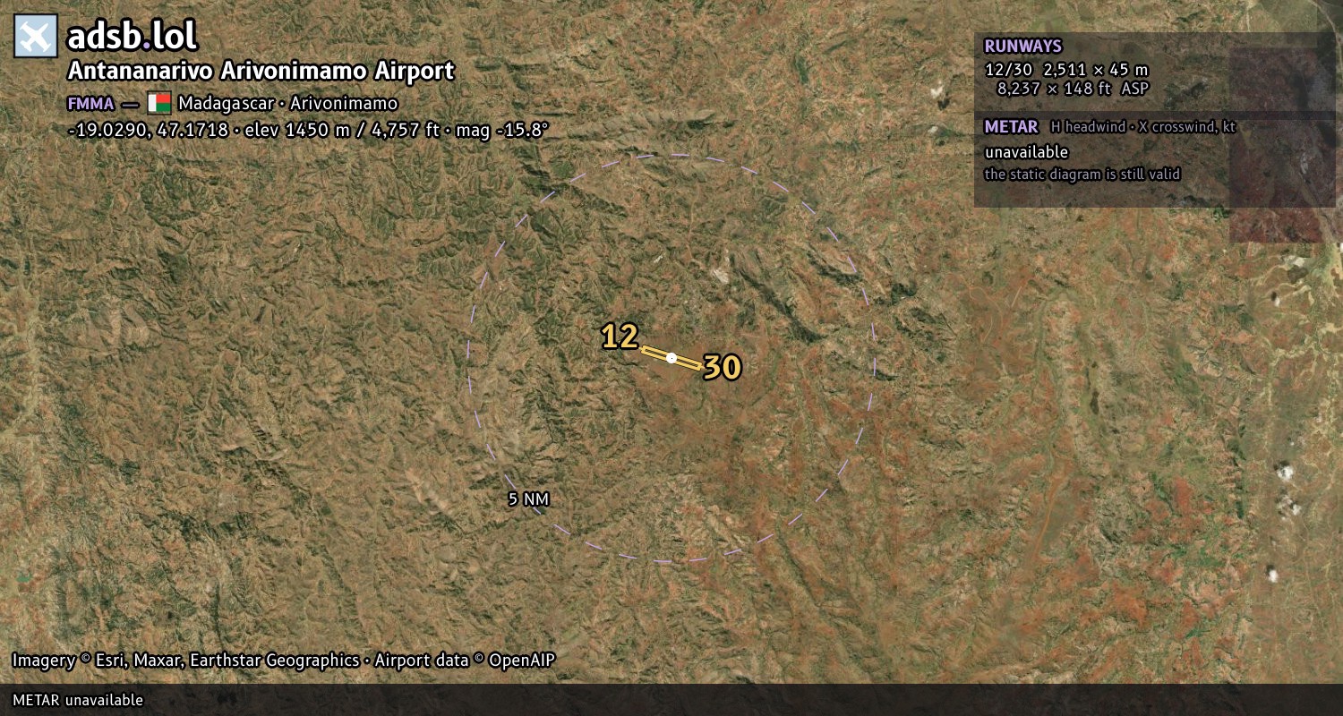 Satellite map with the runway layout of Antananarivo Arivonimamo Airport (FMMA)