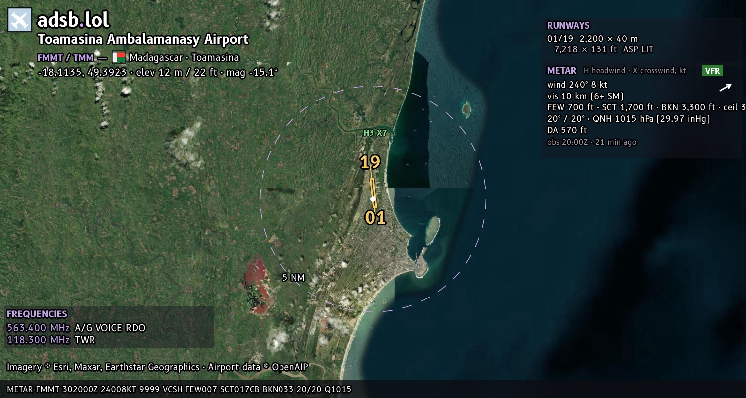 Satellite map with the runway layout of Toamasina Ambalamanasy Airport (FMMT)