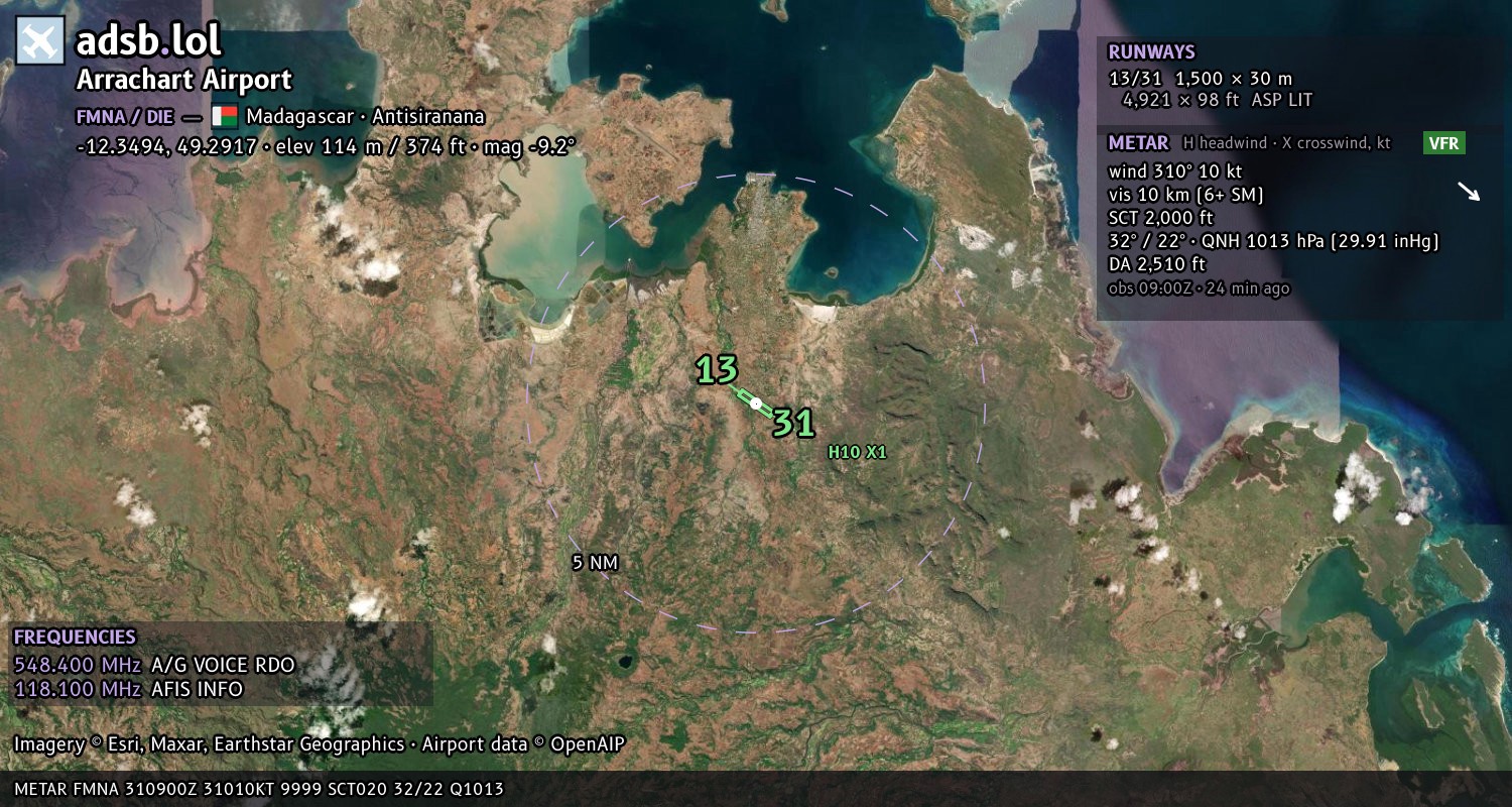 Satellite map with the runway layout of Arrachart Airport (FMNA)