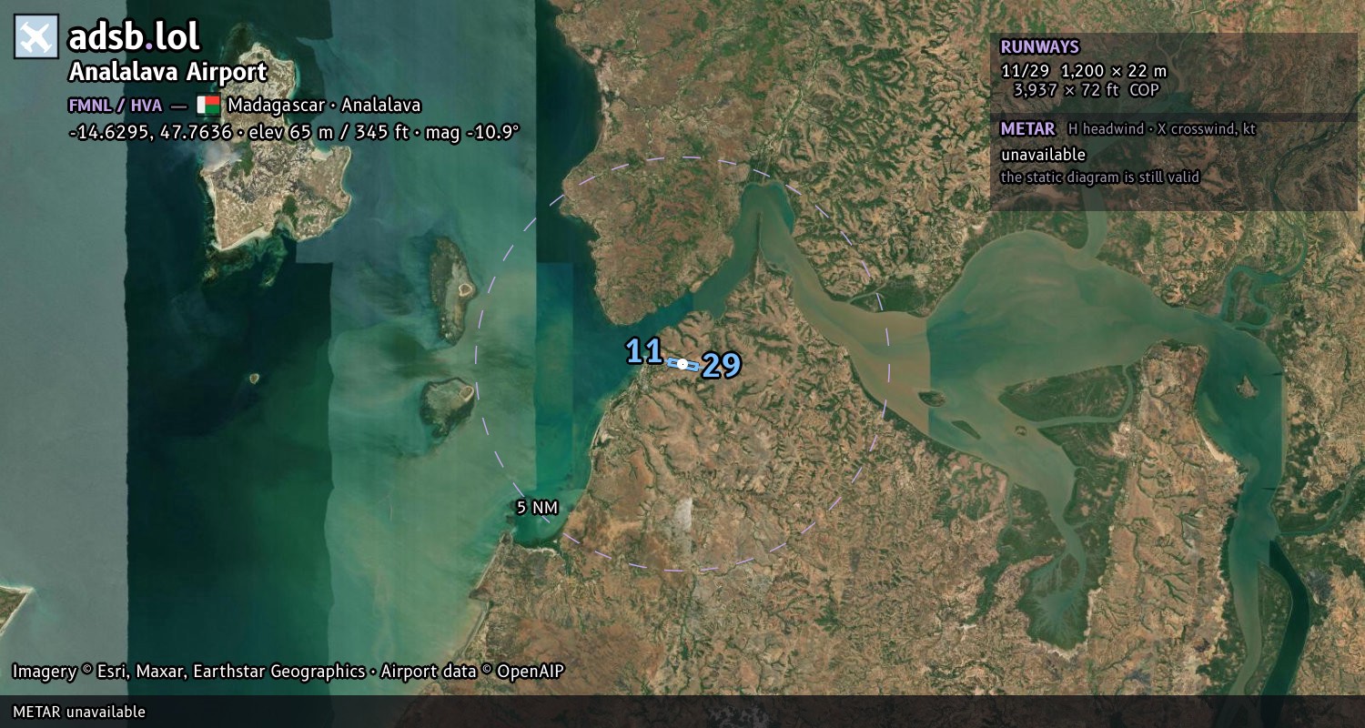 Satellite map with the runway layout of Analalava Airport (FMNL)
