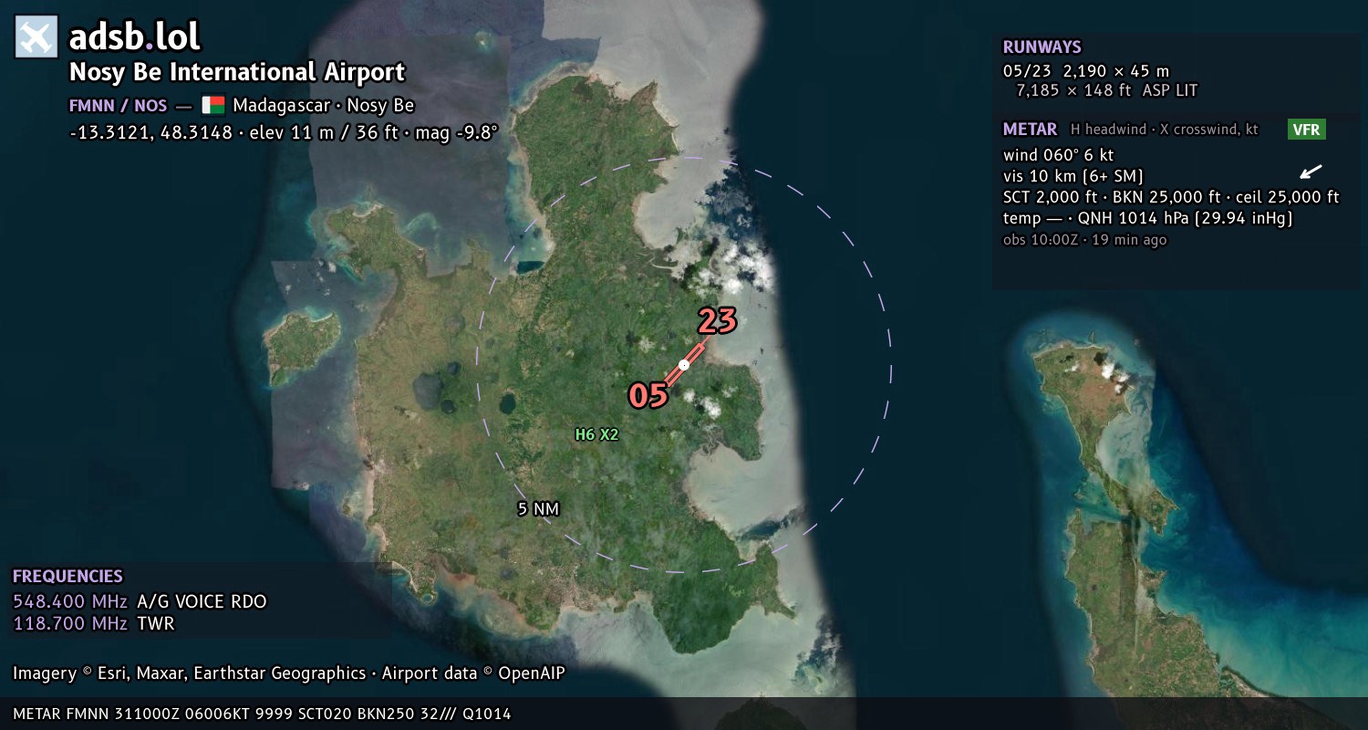 Satellite map with the runway layout of Nosy Be International Airport (FMNN)