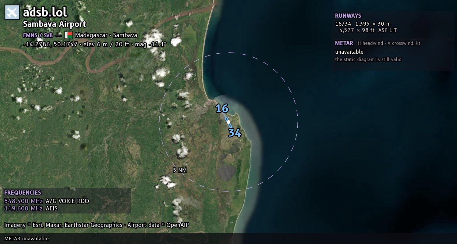 Satellite map with the runway layout of Sambava Airport (FMNS)